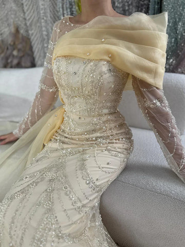 Robe de soirée sirène rose de luxe avec perles et surjupe, idéale pour une occasion spéciale, modèle LA72348A, 2025 