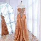Luxury Nude Off Shoulder A-Line Beaded Evening Dress LA73038