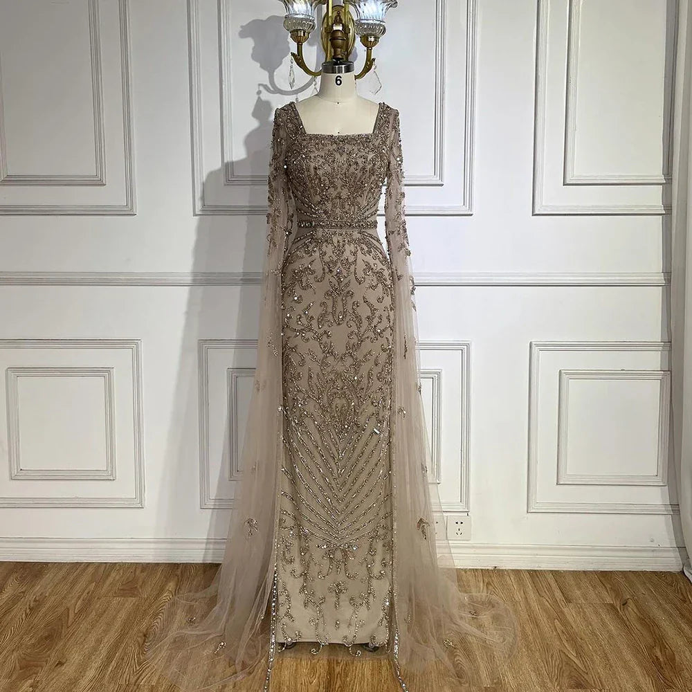 Luxury Arabic Turquoise Evening Dress with Cape Sleeves LA72400
