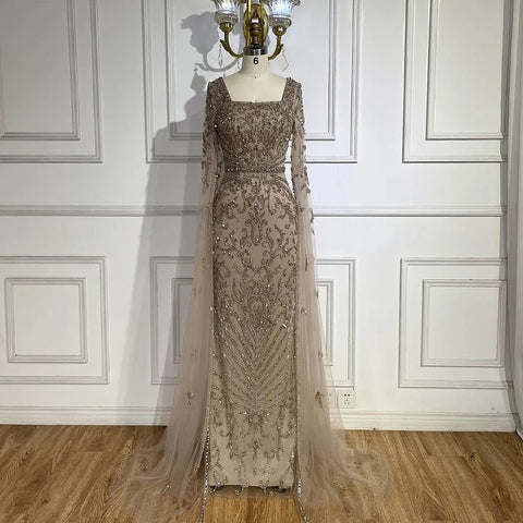 Robe de soirée de luxe turquoise arabe à manches cape LA72400