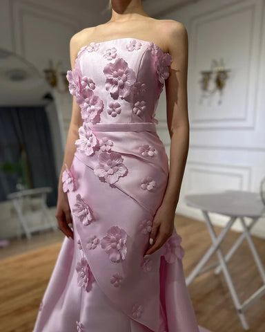 Pink 3D Flowers Mermaid Evening Dress with Detachable Overskirt LA72740
