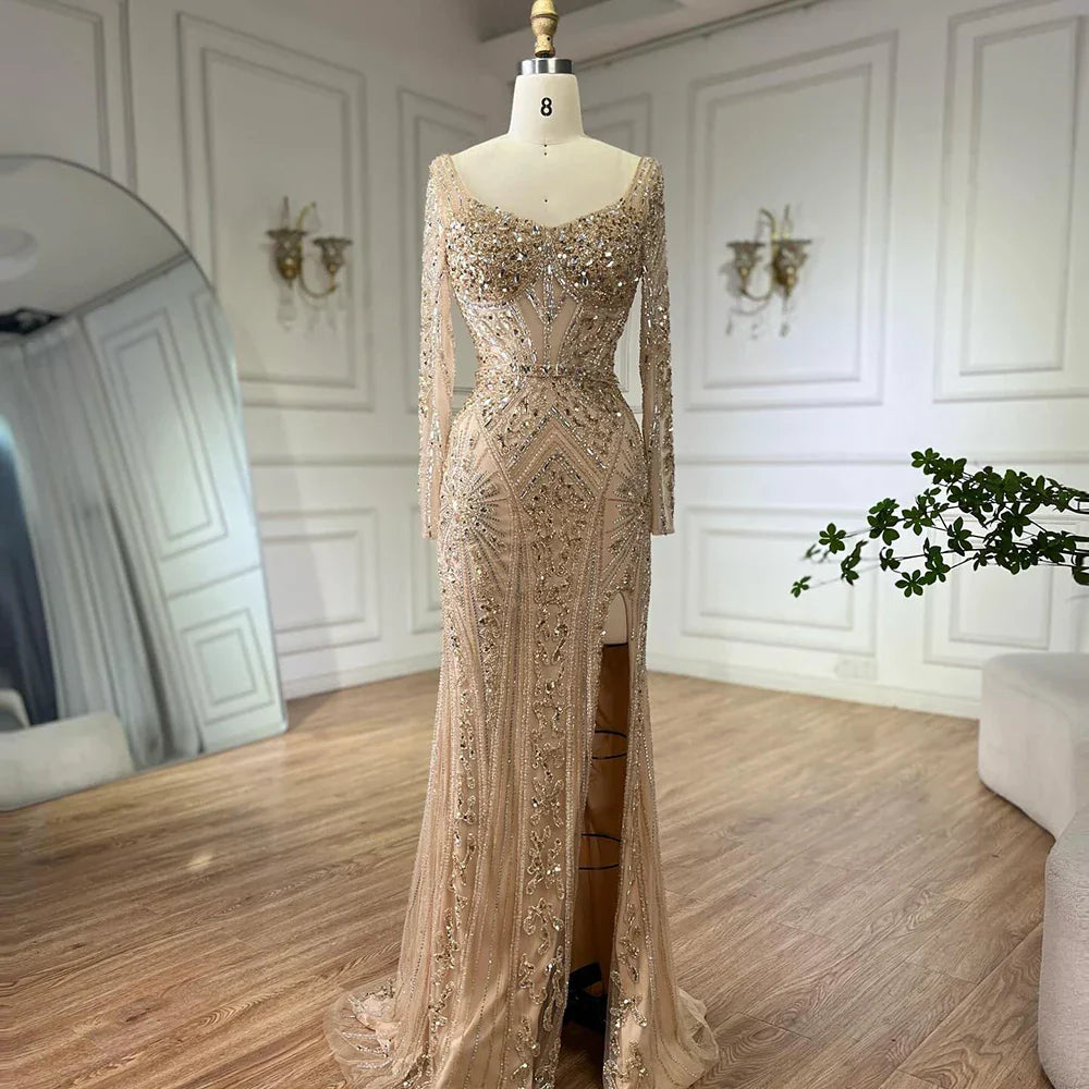 Vestidos de noche de lujo con cuentas para mujer, estilo sirena elegante con abertura, color verde, para bodas en Dubái, Arabia Saudita (LA72518) 