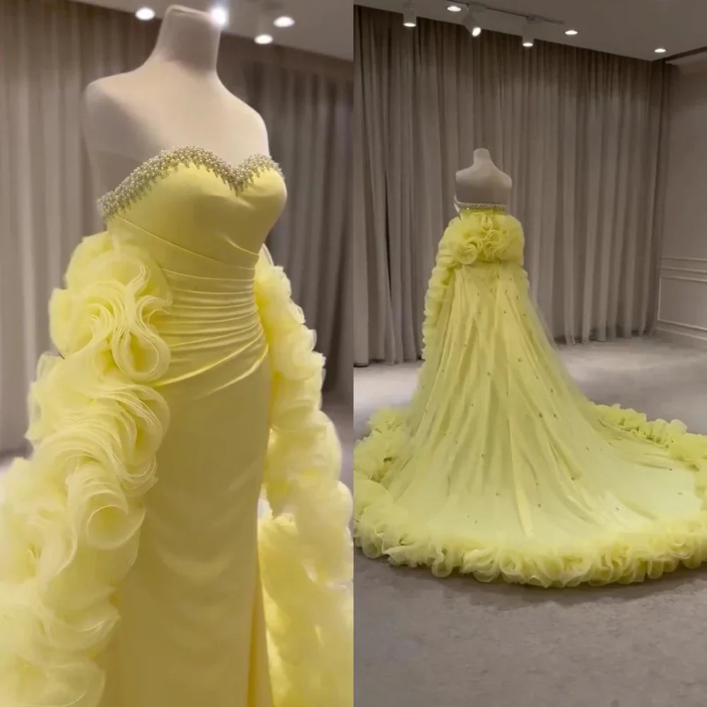 Vestido de noche 2025 para ocasiones formales. Elegante vestido amarillo con volantes y detalles de cuentas LA72889 