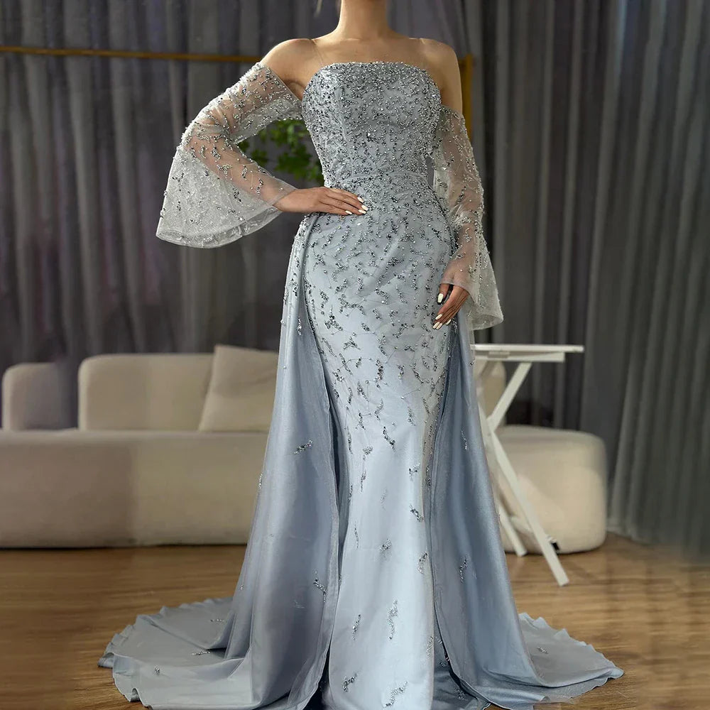 Vestido de noche árabe gris plata para mujer, ideal para bodas, fiestas y graduaciones (LA72705)