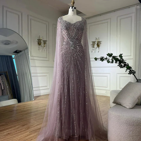 Robe de soirée arabe saoudienne à manches cape couleur chair, ornée de perles, pour une occasion spéciale, LA72575A, 2025