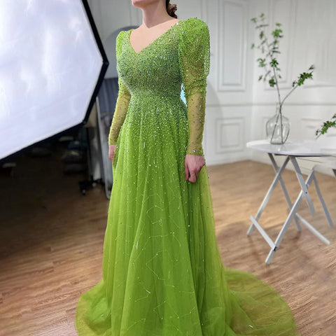 Robe de soirée élégante verte style sirène ornée de perles et manches longues LA71762 