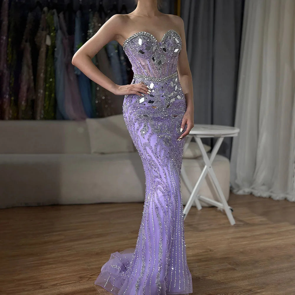 Vestidos de noche de lujo estilo sirena, elegantes, sin tirantes, con cuentas, color azul árabe, de Dubai, colección 2025 para mujer, modelo LA72328 