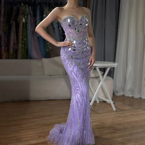 Arabic Blue Elegant Strapless Mermaid Beaded Luxury Dubai Evening Dresses Gowns 2025 for Women's Party LA72328