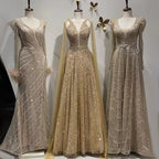 Muslim Caramel  A Line V-Neck Beaded Luxury Dubai Long Evening Dresses Gowns 2025 For Women Wedding Party LA71940