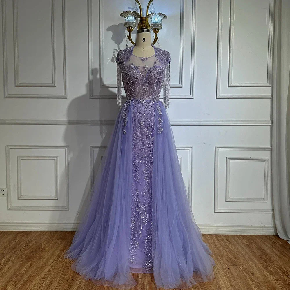 Vestido de noche de lujo de Dubái, corte en A, elegante, color lila árabe, con borlas y cuentas, modelo LA72422 (2025). 