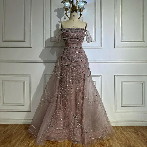 Vestido de noche de sirena rosa árabe con cuentas y sobrefalda de satén desmontable para ocasiones formales LA72781 