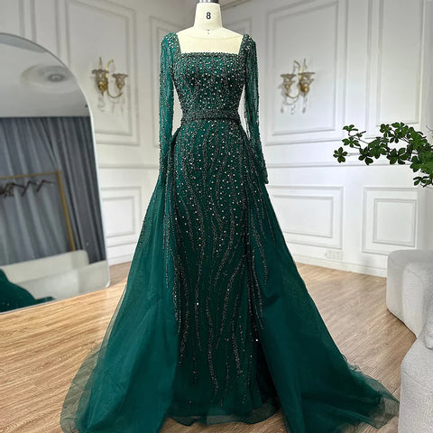 Robe de soirée sirène verte style arabe avec jupe et perles, luxueuse tenue de soirée pour occasions spéciales (2025) (LA72710) 