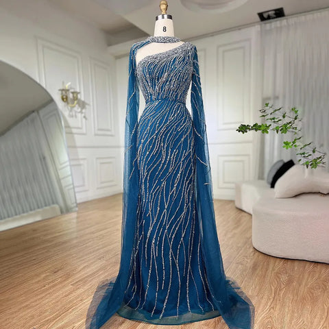 Black Mermaid Elegant Cape Sleeves Beaded Luxury Evening Dresses Gowns For Women Arabic Party 2025 LA72112