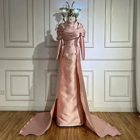 2025 Muslim Blue Mermaid Beaded Satin Luxury Saudi Evening Dress Gown Overlay Skirt for Formal Occasion LA72414M