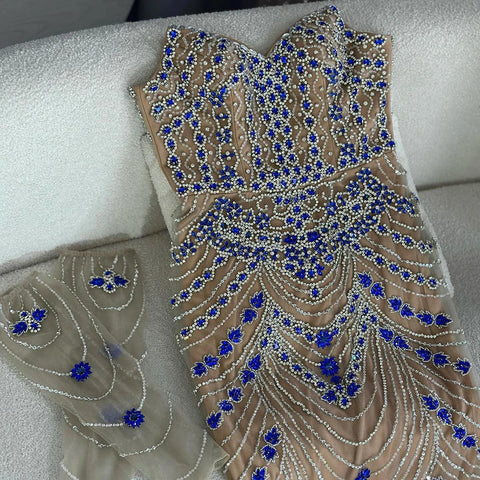 Vestido de noche azul de lujo con cuentas, ideal para ocasiones formales LA72858
