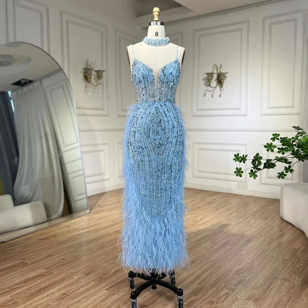 White Nude Mermaid Spaghetti Strap Beaded Feather Evening Dress Gown LA72047
