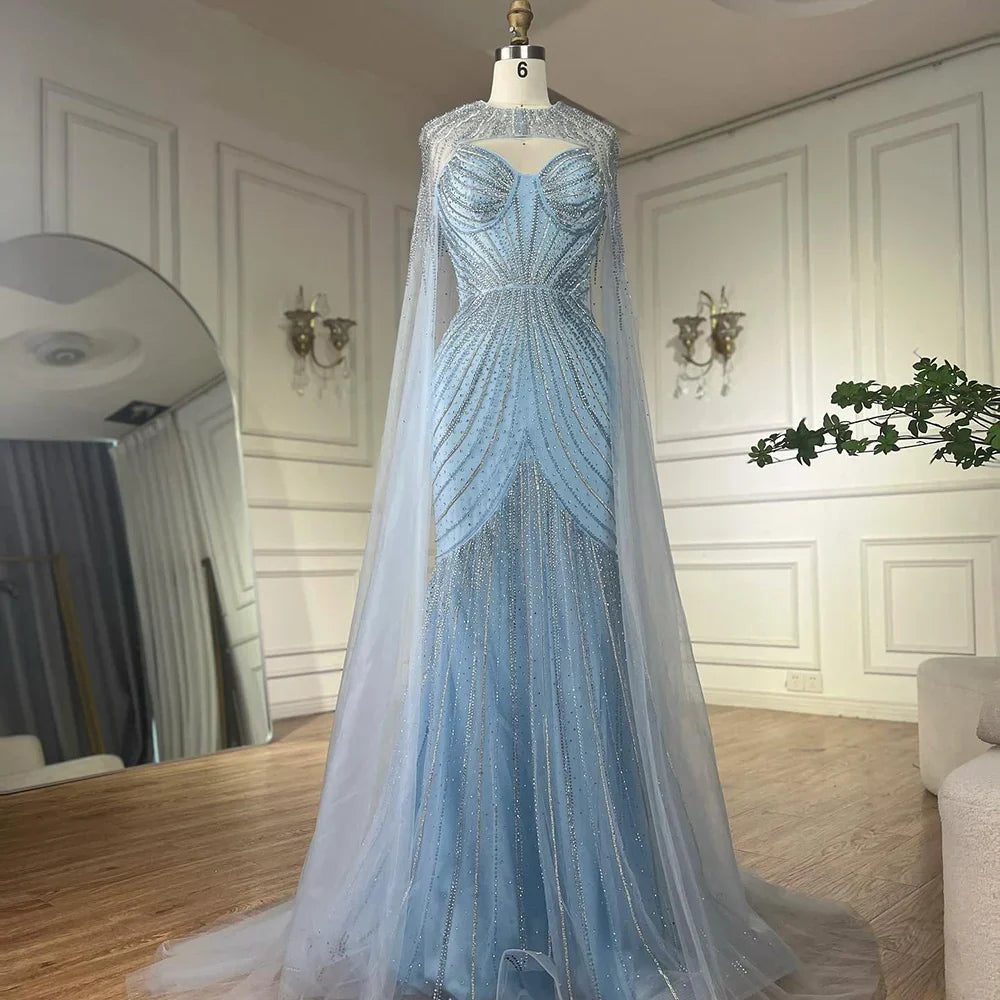 Robe de soirée arabe bleue à bretelles spaghetti et perles avec cape amovible pour une occasion formelle 2025 LA72784 