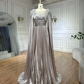 Rose Gold Beaded Satin A-Line Evening Dress Gown with Cape Sleeves LA72663