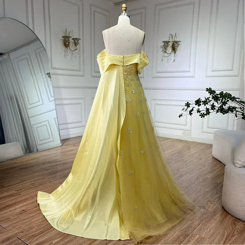 Luxury Dubai Arabic Yellow Elegant Boat Neck Long Evening Dress Beaded Party Gown for Women's Wedding LA72531