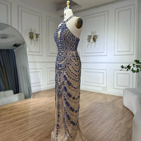 Vestido de noche elegante azul estilo saudí con cuello halter y cuentas de cristal para ocasiones formales LA72760 (modelo 2025) 