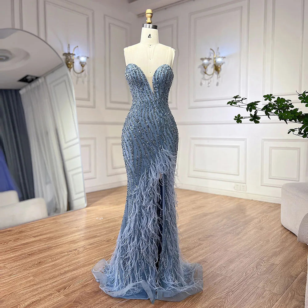Vestido de noche de lujo árabe sin tirantes, azul con cuentas y plumas, estilo Dubai, con falda lateral, para mujer, ideal para bodas y fiestas (LA72695) 