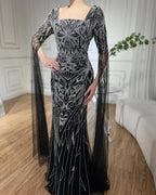 Vestidos de noche de sirena estilo saudí con mangas capa y cuentas, estilo árabe, para ocasiones formales (LA72261B) 
