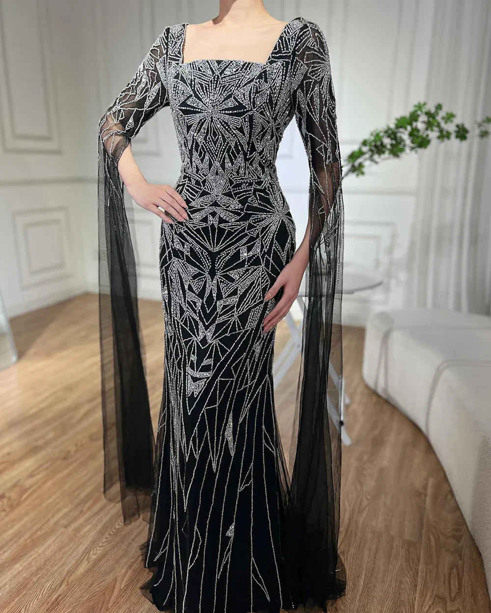Vestidos de noche de sirena estilo saudí con mangas capa y cuentas, estilo árabe, para ocasiones formales (LA72261B) 