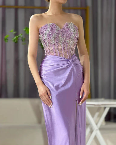 Luxury Dubai Lilac Split Strapless Mermaid Beaded Arabic Evening Dresses Gowns for Women Wedding Party 2025 LA72329