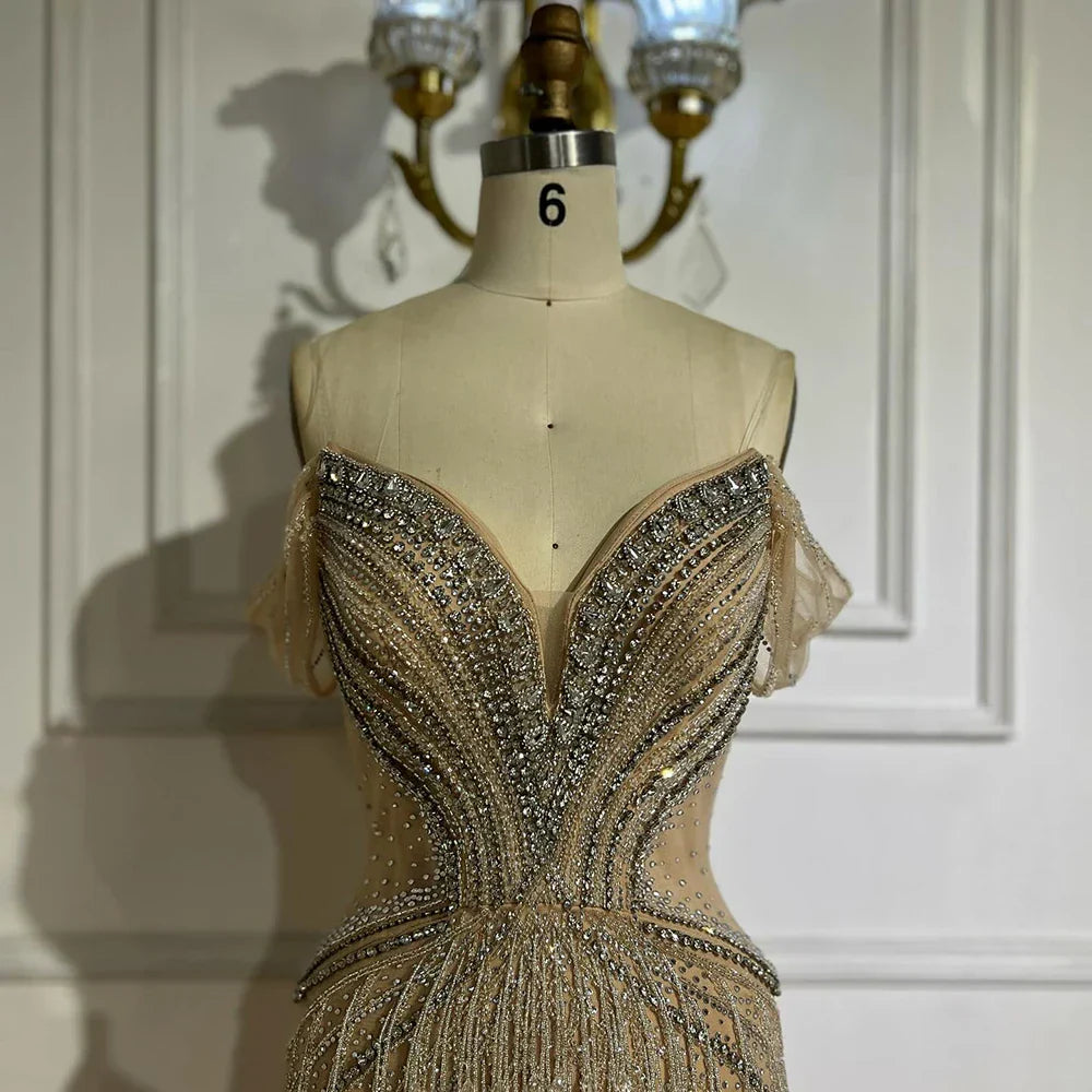 Vestido de noche de sirena de tul color nude con hombros descubiertos y cuentas, estilo árabe saudí, para ocasiones formales LA72854 