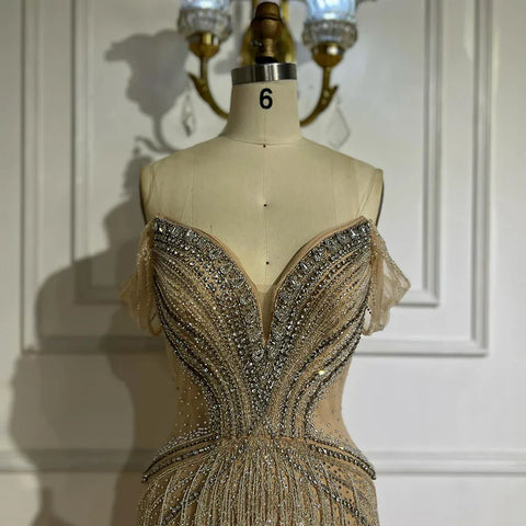 Robe de soirée sirène en tulle perlé couleur chair, épaules dénudées, style arabe saoudien, pour une occasion formelle, LA72854, 2025 