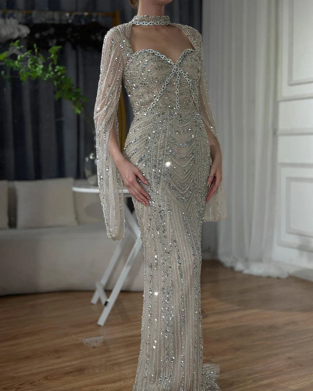 Vestido de noche de sirena con escote corazón, corte sirena, con cuentas y abertura en la espalda, estilo lujoso de Dubái (LA72560A), modelo LA72560A. 