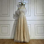 Vestido de noche largo, elegante, corte A, azul árabe, con hombros descubiertos y cuentas, ideal para ocasiones formales (LA72009A)