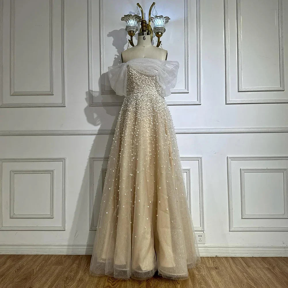 Vestido de noche largo, elegante, corte A, azul árabe, con hombros descubiertos y cuentas, ideal para ocasiones formales (LA72009A)