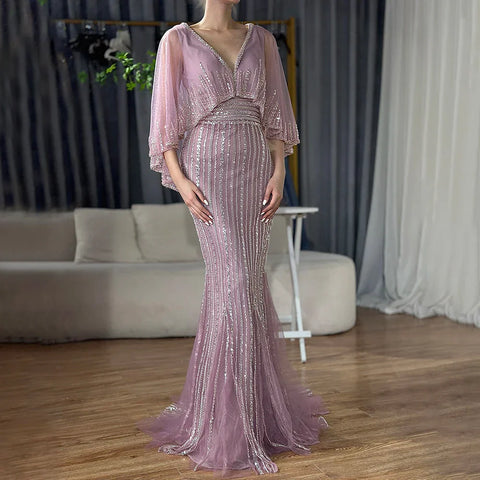 Elegante vestido de noche estilo sirena turquesa con capa larga y cuentas de lujo estilo Dubái para mujer, ideal para bodas y fiestas 2025 LA72258 