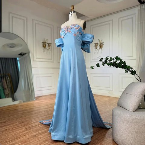 Vestido de noche árabe azul sin tirantes con cuentas, corte en A, estilo saudí, para ocasiones formales LA72792 