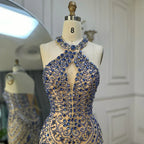 Vestido de noche elegante azul estilo saudí con cuello halter y cuentas de cristal para ocasiones formales LA72760 (modelo 2025) 