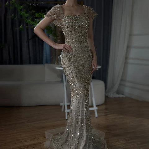 Vestido de noche de sirena de lujo blanco árabe de Dubái con mangas casquillo LA72714