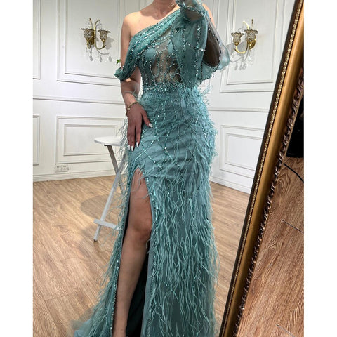 Dubai Eine Shouder Wein Roten Abendkleid Kleider Feder Split Perlen Luxus Meerjungfrau Formale Kleid 2025 LA70513 