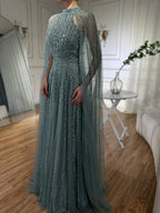 Vestido de noche de lujo saudí LA72306B, corte en A, manga capa, con cuentas, color caramelo árabe, modelo 2025. Ideal para ocasiones formales. 