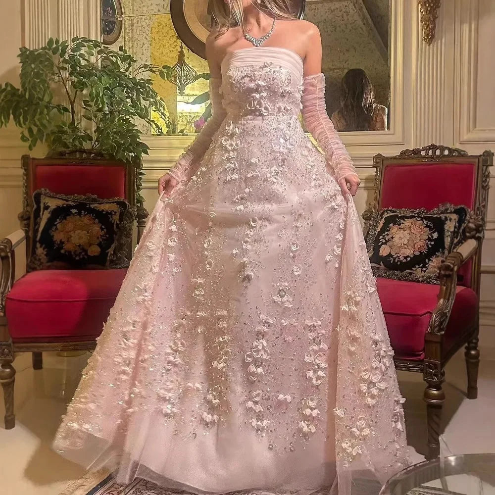 Elegant Peach 3D Flowers Evening Dress with Gloves Arabic Women Wedding Party LA72912