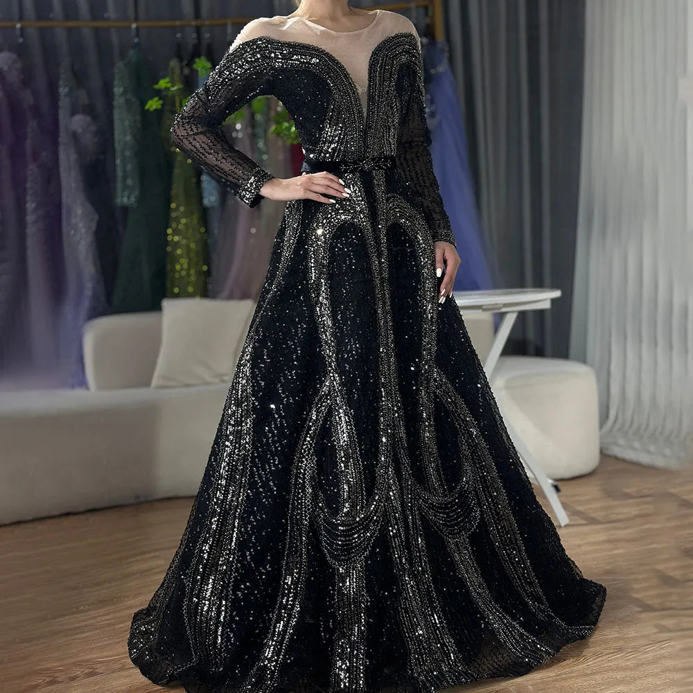 Arabic Elegant Black A Line Shiny Beaded Luxury Dubai Evening Dresses Gowns For Women Wedding Party 2025 LA72566