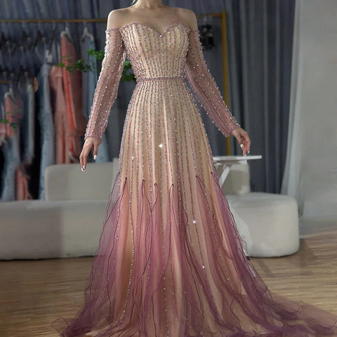 Vestidos de noche largos, elegantes, de corte A, color púrpura árabe, con cuentas, para ocasiones formales LA72752 