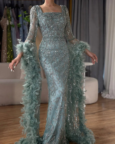 Flared Sleeves Mermaid Turquoise Beaded Feather Luxury Evening Dresses Gowns for Formal Occasion 2025 LA72767