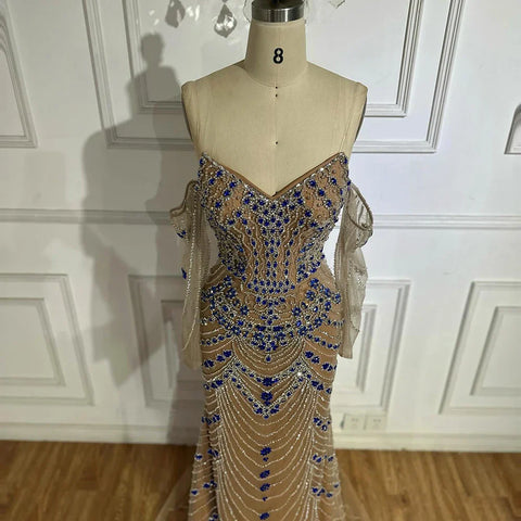 Vestido de noche azul de lujo con cuentas, ideal para ocasiones formales LA72858