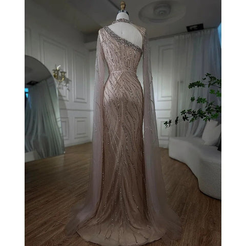 Black Mermaid Elegant Cape Sleeves Beaded Luxury Evening Dresses Gowns For Women Arabic Party 2025 LA72112