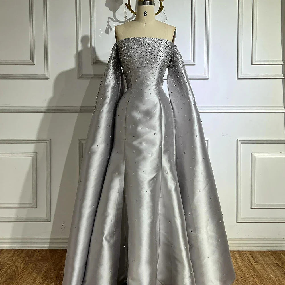 Vestido de noche de lujo 2025, corte A, satén gris, con hombros descubiertos y perlas, ideal para ocasiones formales (LA72779) 