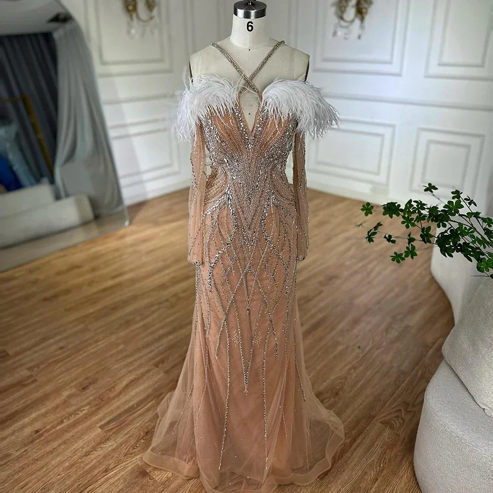 Vestidos de noche de sirena de lujo con plumas azules y cuentas para mujer, ideales para ocasiones formales (LA72836)