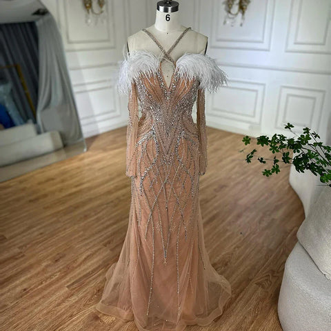 Vestidos de noche de sirena de lujo con plumas azules y cuentas para mujer, ideales para ocasiones formales (LA72836)