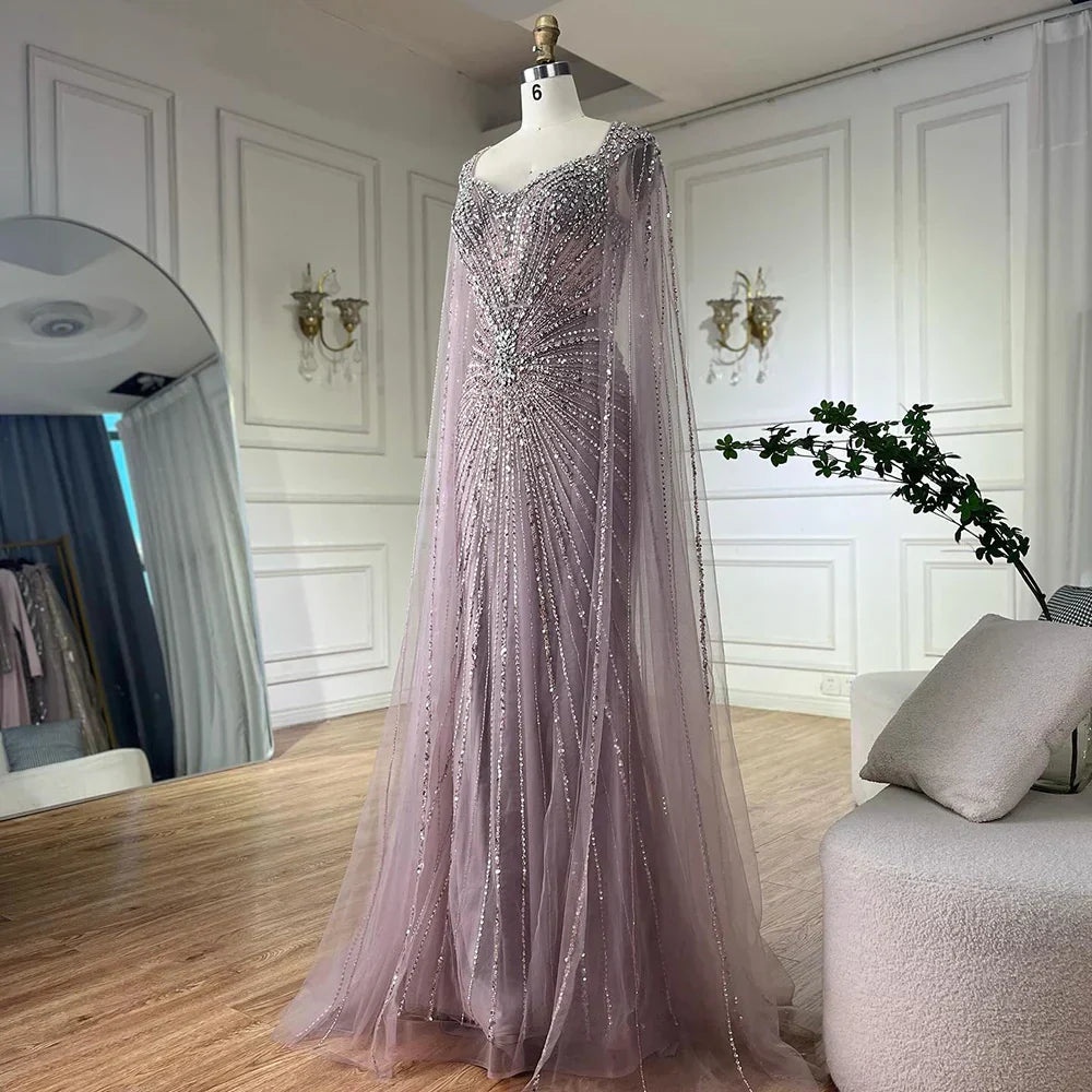 Vestidos de noche árabes saudíes con mangas tipo capa color nude y cuentas, ideales para ocasiones formales (LA72575A) 