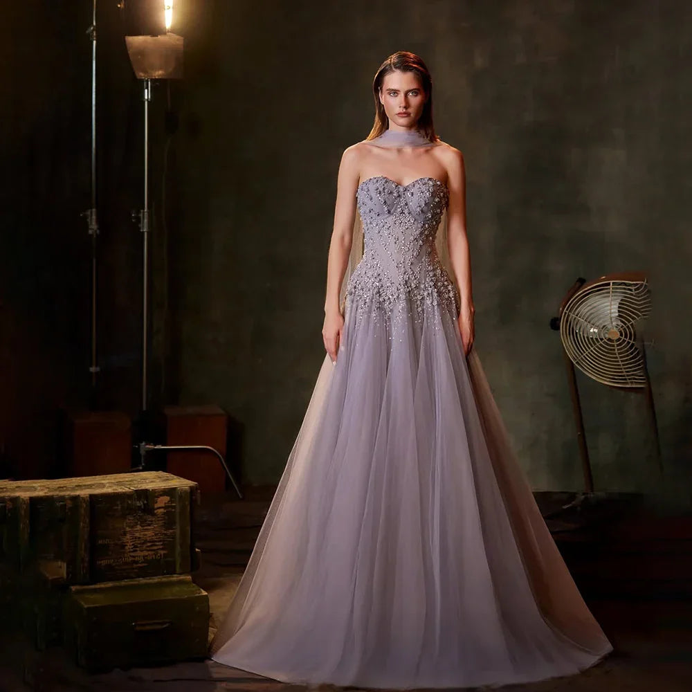 Vestidos de noche árabes lilas de corte A, sin tirantes y con cuentas, para ocasiones formales LA72832 